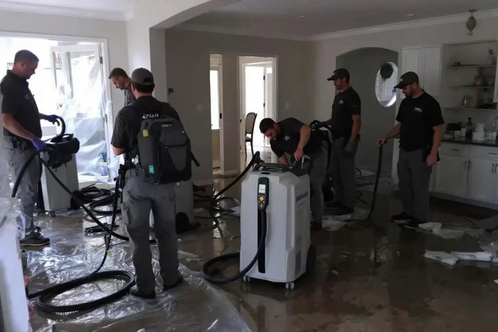 Restoration team performing water damage repair work on site